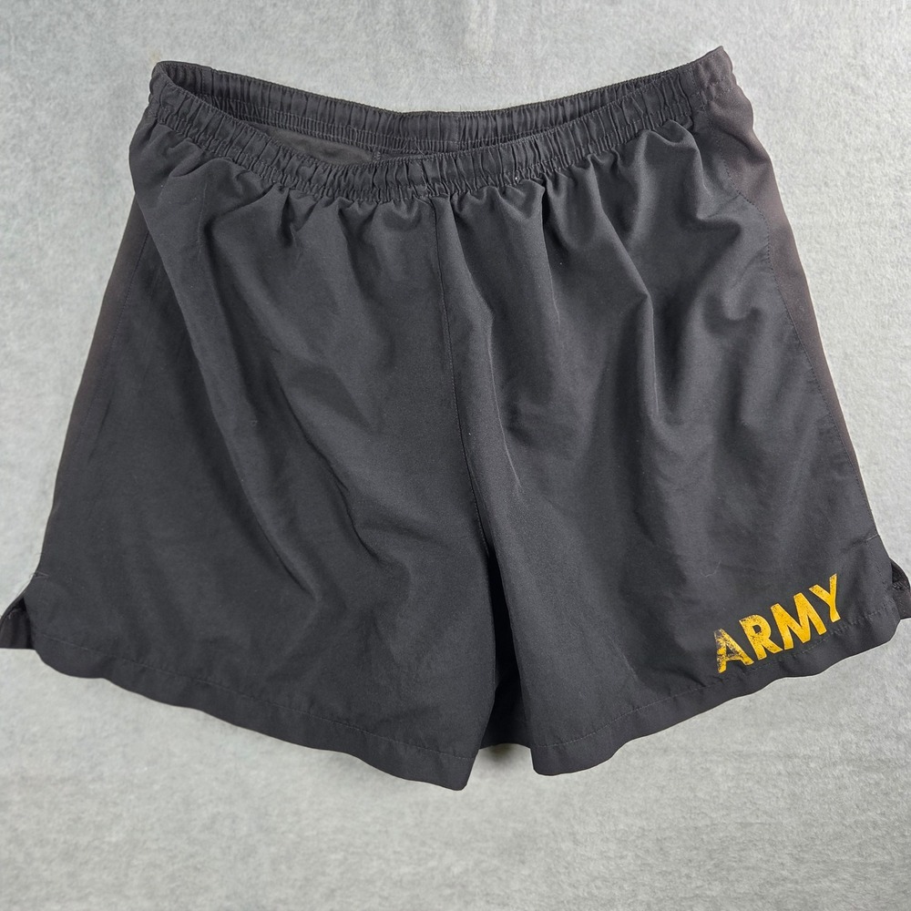 US Army PT Training Shorts Mens Large Black Yellow Graphic Athletic PFU APFU